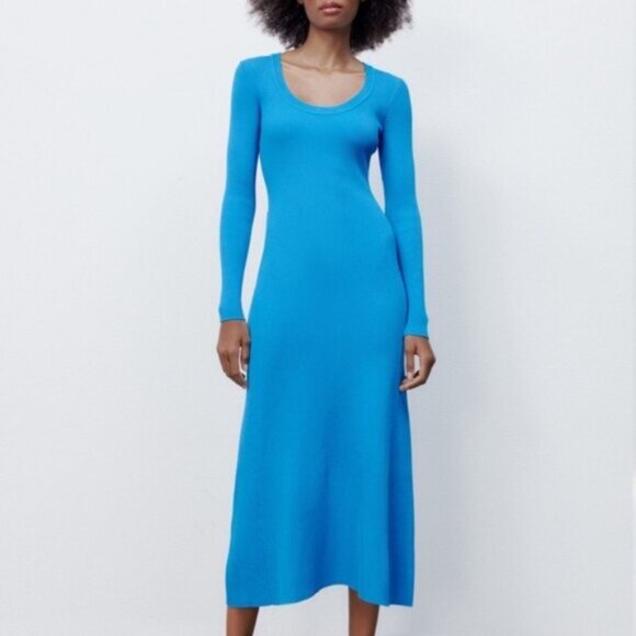 Zara Blue Long Sleeve Ribbed Knit Midi Dress - Picture 1 of 14